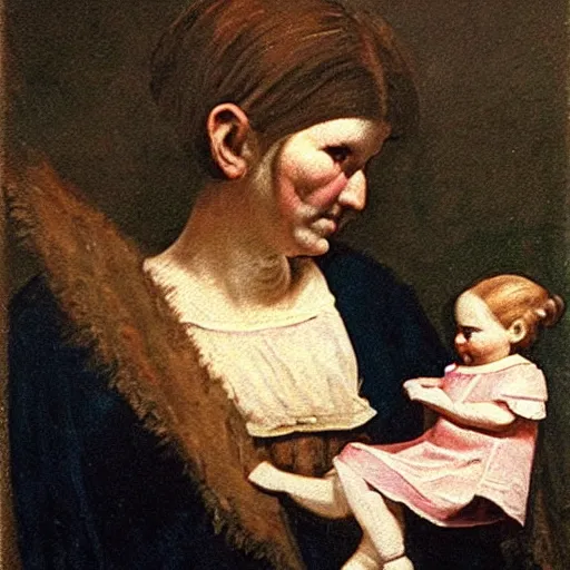 Image similar to the mother was great. she made even the giants look small. the giants were great. thou art tiny, like a little doll. dutch oil painting, extremely high quality