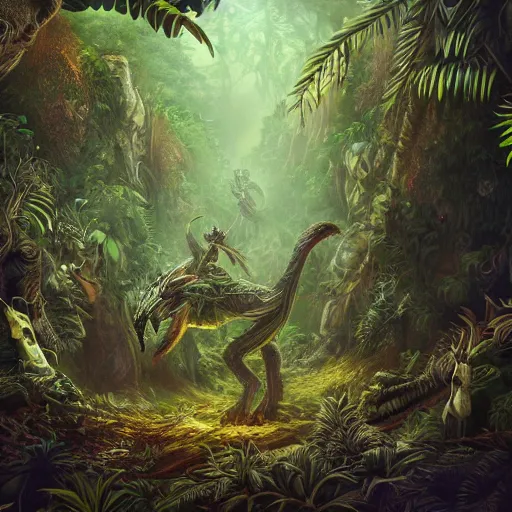 Image similar to Intricate detailed illustration, demonic and evil woodland creatures in a lush tropical jungle, 🍄 , 🌱, cinematic lighting, by Philip Hood, wide angle, volumetric light scattering, 8k, artstation, concept art,