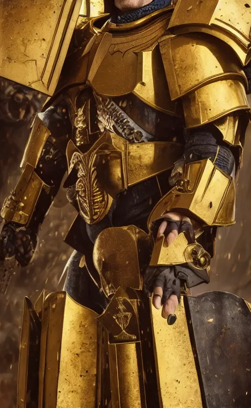 Image similar to Henry Cavill as warhammer 40k Emperor of Mankind dressed in his golden power armor. full-length portrait, beautiful face, long hair, painted by Donato Giancarlo and Annie Liebowitz, fine details, cinematic, highly detailed, octane render