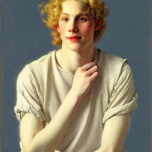 Image similar to beautiful portrait painting of the androgynous pale blond prince Lucius with long curly blond hair, delicate young man wearing a soft white poet shirt smiling sleepily at the viewer, in love by J.C Leyendecker and Norman Rockwell