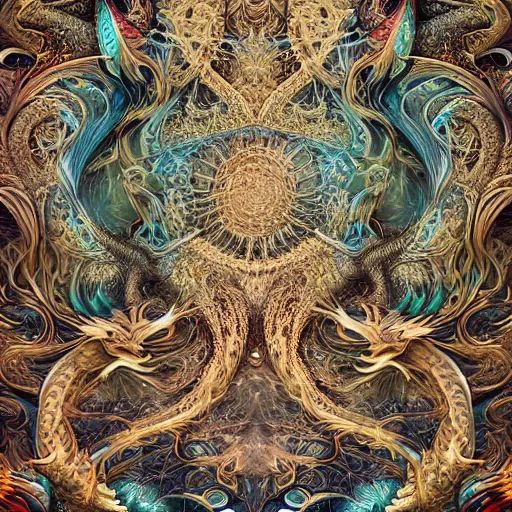 Prompt: dragons by android jones, earnst haeckel, james jean. behance contest winner, generative art, baroque, intricate patterns, fractalism