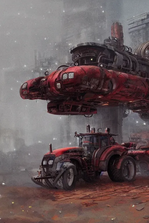 Prompt: a highly detailed beautifuly rendered, tractor that pulls a tank, thick dust and red tones, bladerunner, cyberpunk, lost city, hyper - realistic environment, epic concept art