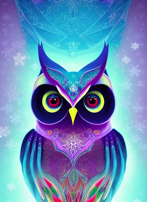 Image similar to symmetry!! product render poster vivid colors divine proportion owl, ice and snow, glowing fog intricate, elegant, highly detailed, digital painting, artstation, concept art, smooth, sharp focus, illustration,