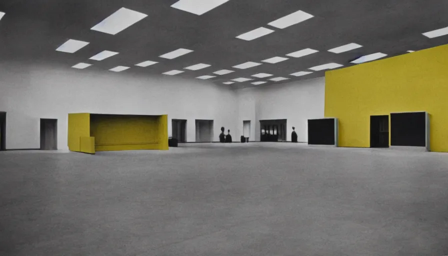 Image similar to 60s movie still of a sovietic stalinist style empty art museum with a soviet congress with yellow wall, flat color, liminal Space style, heavy grain