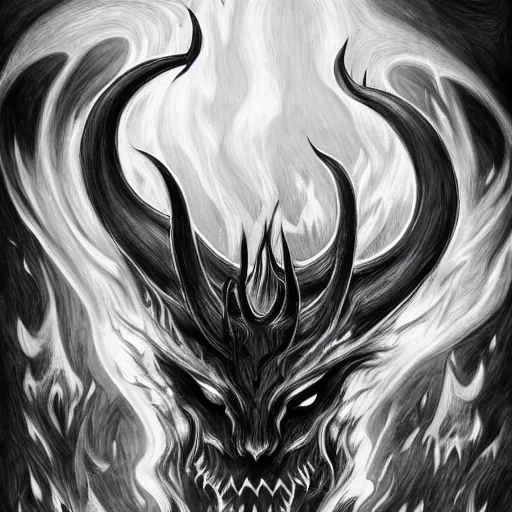 Image similar to full body grayscale drawing by Anato Finnstark of horned demon in dynamic pose, swirling flames