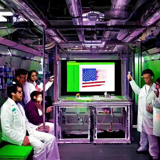 Prompt: photo of scientists watching a evel god in culture capsule, laboratory, bio chemical, hyperealistic, detailed photography, divinity, awful, sci - fi, green light