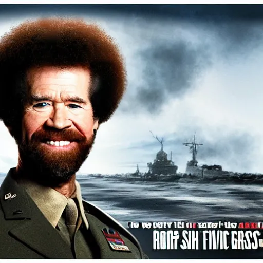 Image similar to bob ross in saving private ryan, concept art, movie poster, 4 k