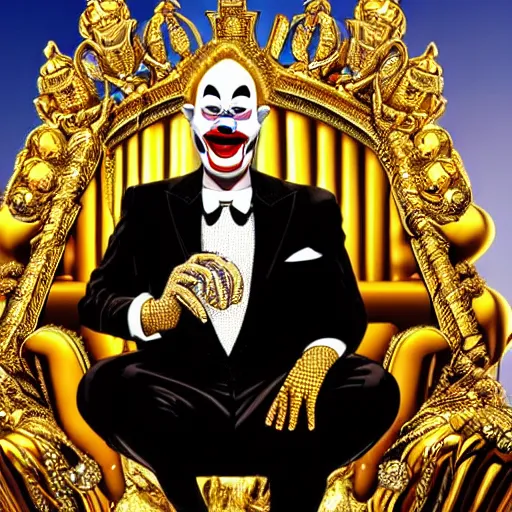 Prompt: cartoon of a shining majestic throne made of millions of diamonds, gold and zaphires with thousands of light reflections, and a clown on a tuxedo suit is sitting on the throne while handing a golden balloon, dramatic light