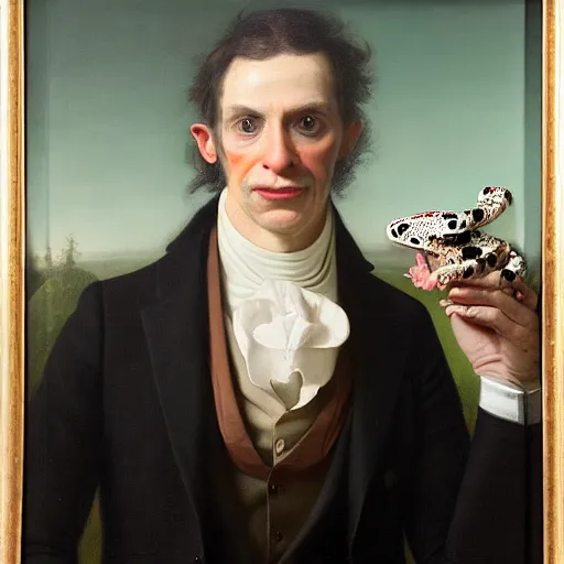 Prompt: portrait of a man wearing a black suit jacket and with amazon milk frog as his head, tan vest, and white ascot, an american romanticism painting, a portrait painting, cgsociety, soft focus, oil on canvas