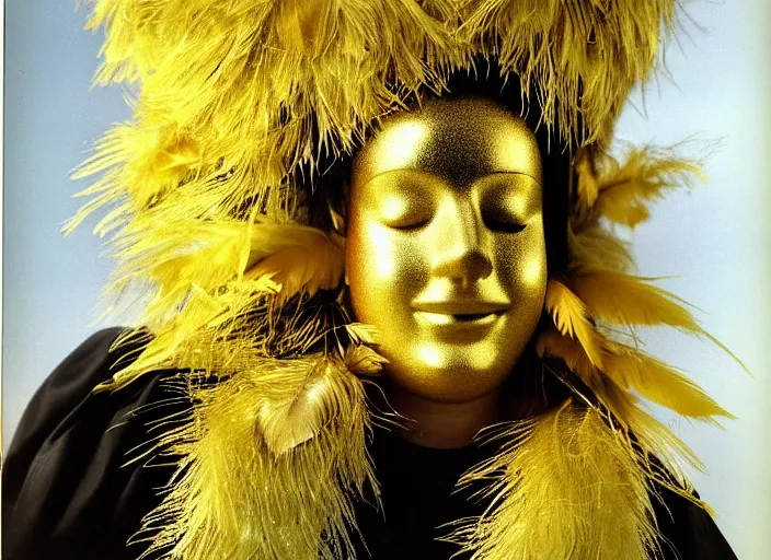 Image similar to realistic photo of the sleeping person, wearing a golden leaf feathers fluffy fur carnival costume. 1 9 9 0, life magazine reportage photo