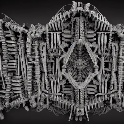 Image similar to intricate abstract symmetrical sculpture made out of bones, placed in the city at night, digital art render