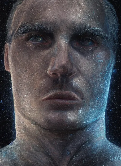 Prompt: portrait of the engineer from prometheus. iceland black sand background. by anne stokes and larry elmore, smooth shaven face, lucian freud and drew struzan, detailed matte painting, realistic portrait, symmetrical, highly detailed, digital painting, artstation, concept art, smooth, sharp focus, illustration, cinematic lighting, 8 k resolution