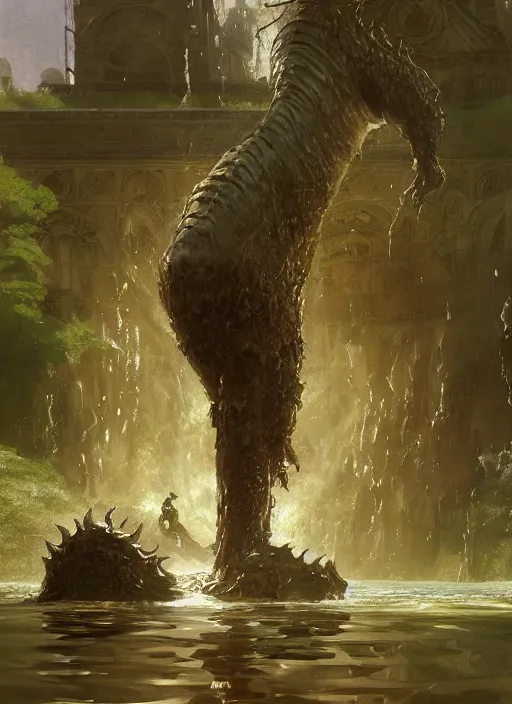 Prompt: huge towering brute beast demonic monster emerging from lake on sunny day, splashing, partially submerged, water cascading, by sergey kolesov and lawrence alma tadema and norman rockwell and greg staples and craig mullins and john berkey and ruan jia, artstation creature art