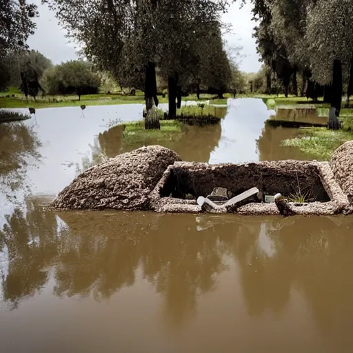 Image similar to The land art shows a grave that has been flooded with water. The grave is located in a cemetery in Italy. The water in the grave is dirty and there is trash floating in it. The grave is surrounded by a fence. by Johannes Voss desaturated