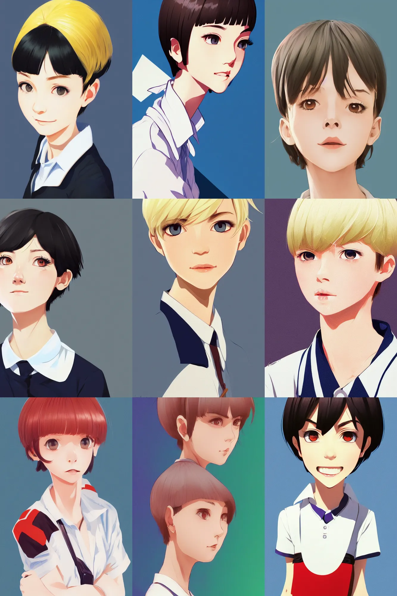 Prompt: a headshot of a happy cute girl with shoulder - length white short hair wearing school uniform, sharp focus, illustration, morandi color scheme, art station, by ilya kuvshinov