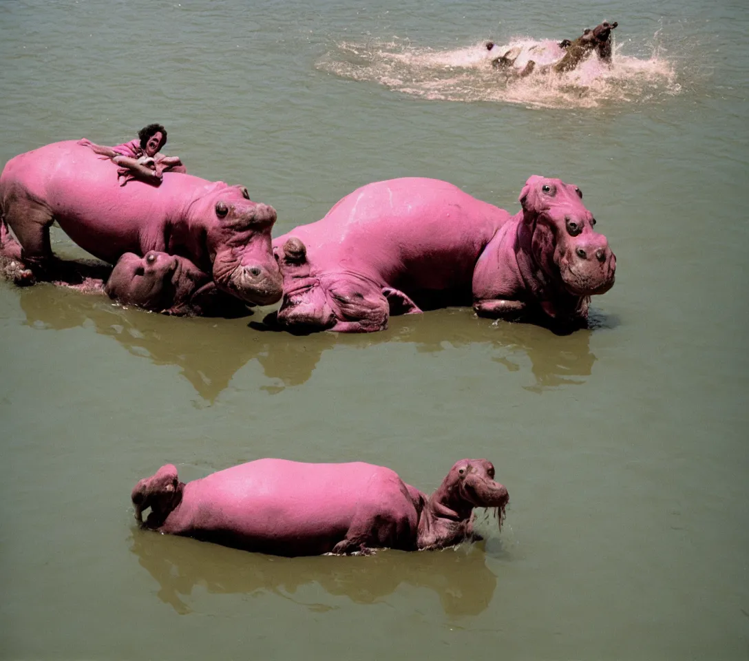 Prompt: a 3 5 mm photography, kodachrome colour of one grandpa riding a hippo in a pink lake, taken by martin parr