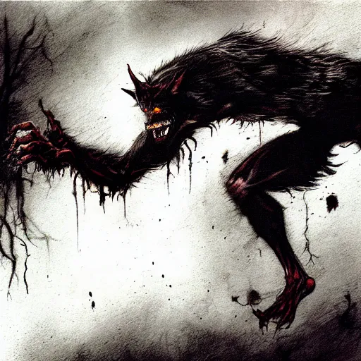 Prompt: dynamic action shot of a werewolf with long fangs and extended claws leaping forward, exaggerated muscle anatomy, crazed expression, by bill sienkiewicz, simon bisley and stephen gammell, horror, dark fantasy, extremely hyperdetailed, ghostly, 8 k, photorealism, hyperrealism, atmospheric lighting w 9 6 0