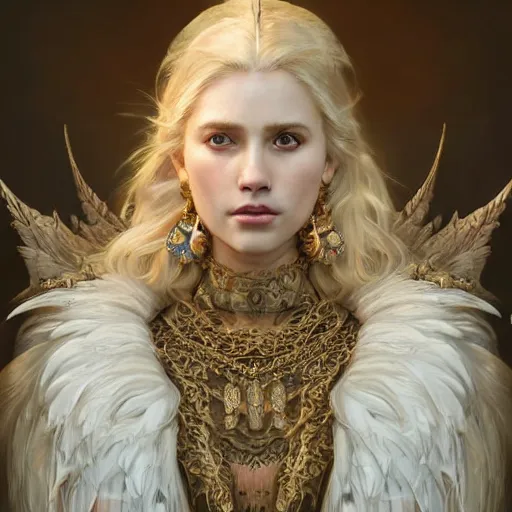 Image similar to portrait painting of a beautiful and regal blonde lady wearing a feathered cloak and noble garments, ultra realistic, concept art, intricate details, eerie, highly detailed, photorealistic, octane render, 8 k, unreal engine. art by artgerm and greg rutkowski and charlie bowater and magali villeneuve and alphonse mucha