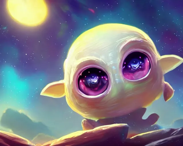 Image similar to 3D Fantasy Cute and adorable small alien piggy in space, huge adorable eyes, bright stars, Smooth 3D Illustration, soft render, Servando Lupini, Daniil Kudriavtsev, handpaint texture, Blender, 3DCoat