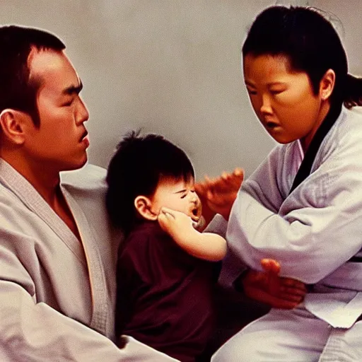 Prompt: feeding a baby as a training montage from martial arts movie