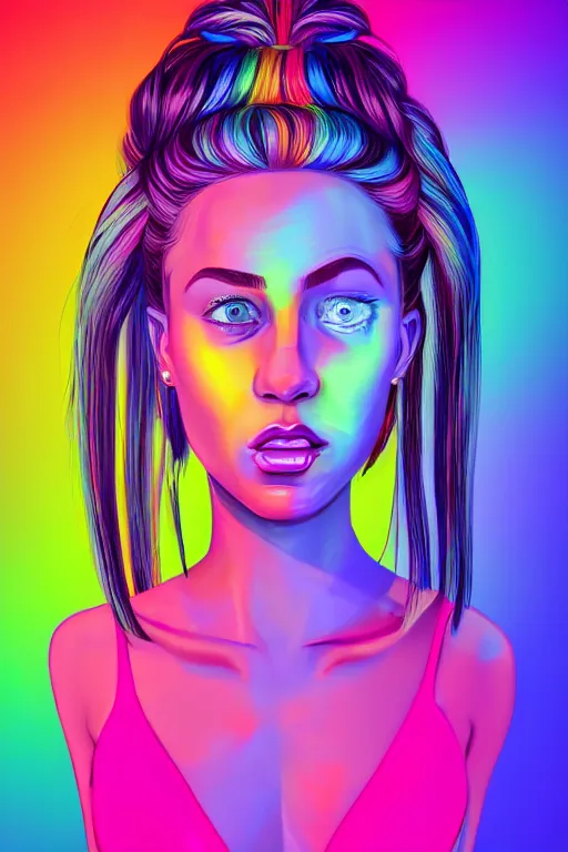 Image similar to a award winning half body portrait of a beautiful woman with stunning eyes in a croptop and cargo pants with rainbow colored ombre hairstyle head in motion and hair flying singing by thomas danthony, outlined by whirling illuminated neon lines, outrun, vaporware, shaded flat illustration, digital art, trending on artstation, highly detailed, fine detail, intricate