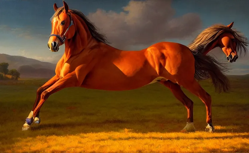 Prompt: a masterpiece oil painting of a single and proud horse. wide angle, fantasy art, alex ross, heroic lighting, very very very beautiful raytraced rendering