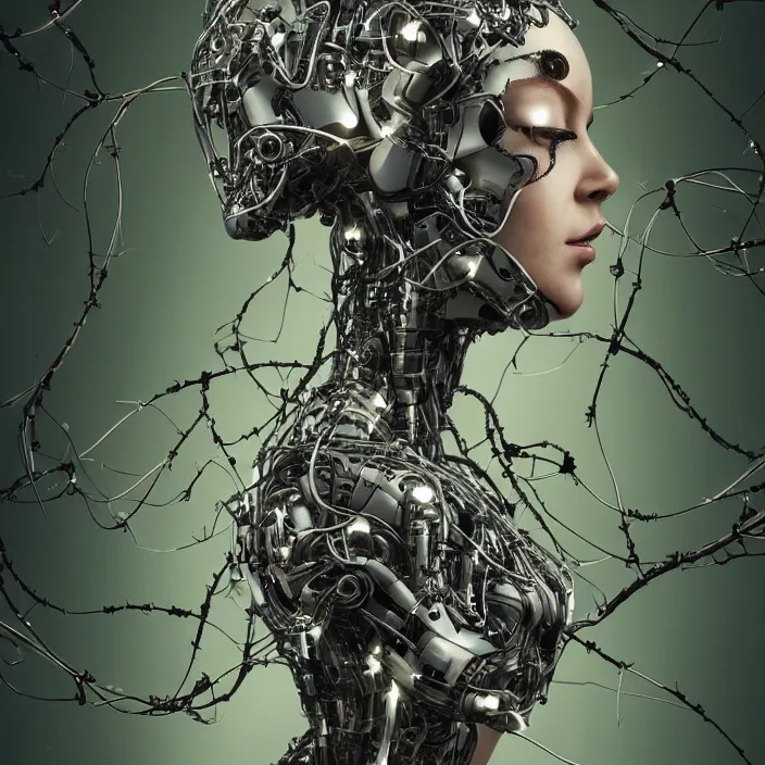 Prompt: female cyborg robot, artificial intelligence, portrait, sci - fi themed, dystopian, entwined in vines, branches and ivy, dark forest theme, highly detailed, elegant, hyper - realistic