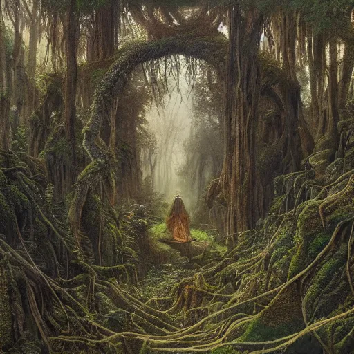 Image similar to a beautiful and highly detailed oil painting of an overgrown forest temple in the misty mountains, intricate details, epic scale, insanely complex, 8 k, sharp focus, hyperrealism, fantasy landscape, psychedelic, by caspar friedrich and james gurney,