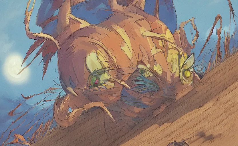 Prompt: the critter awoke from its slumber beneath the bed frame, digital painting masterpiece, haunting beautiful brush strokes, painted by Moebius and Hayao Miyazaki and Akira Toriyama