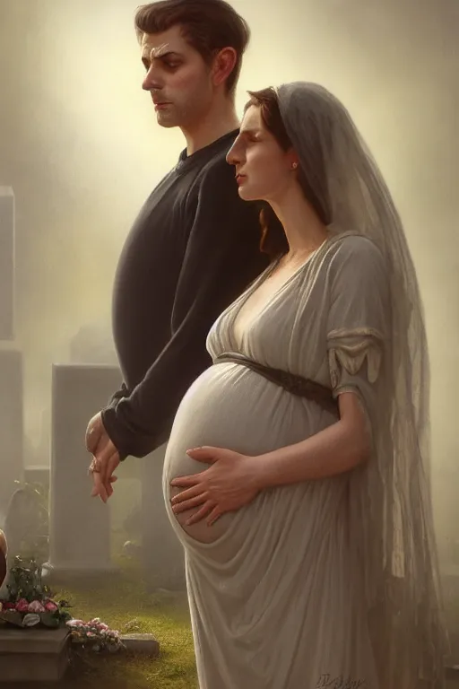 Image similar to a portrait of a pregnant widow next to her husband's grave, illustration, dramatic lighting, soft details, painting oil on canvas, art deco, octane render, HDR, 4k, 8k, HD, by Edmund Blair Leighton, Brom, Charlie Bowater, trending on artstation, faces by Tom Bagshaw, Sargent