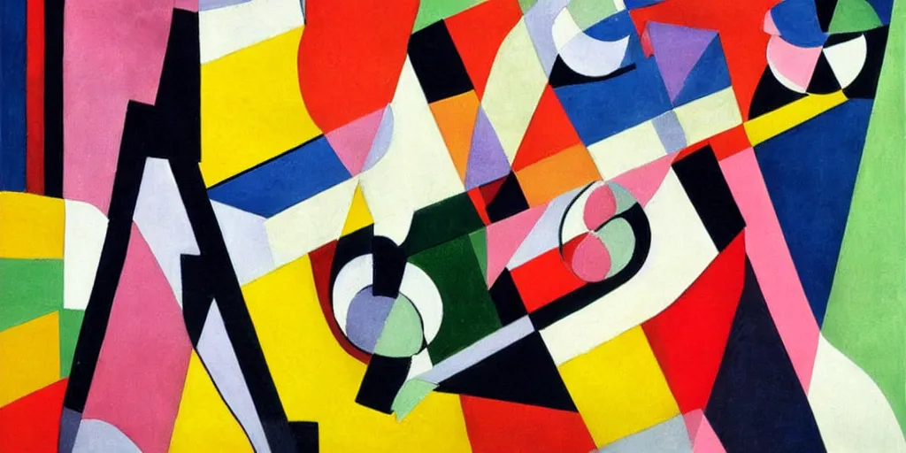 Image similar to painting on a person on the phone, abstract, collage, geometric abstraction, block colours, painting by Sonia Delaunay