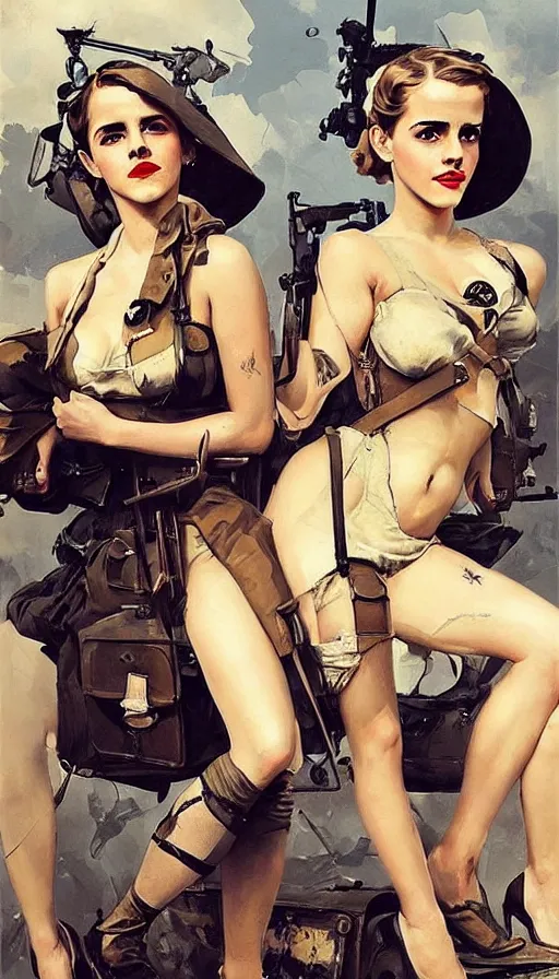 Prompt: “ emma watson and lindsey pelas as world war 2 pinup girls, tattoo, decorated ornaments by carl spitzweg, ismail inceoglu, vdragan bibin, hans thoma, greg rutkowski, alexandros pyromallis, perfect face, fine details, realistic shaded ”