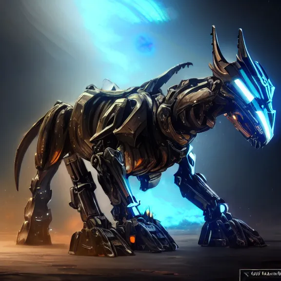 Image similar to cinematic shot, 35 foot tall detailed beautiful handsome quadrupedal feral robot mecha dragon, sharp edged black armor, gold accents, sleek blue OLED visor for eyes, four legs, walking in busy neon city streets, sharp paws, epic shot, highly detailed art, sci fi, furry, 3D realistic, warframe fanart, destiny fanart, furry art, dragon art, feral art, macro art, furaffinity, DeviantArt, sofurry