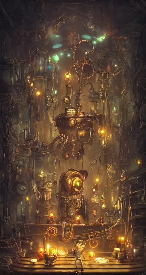 Image similar to tapestrie of a dream, ultra detailed, dark, steampunk, moody, candles, neon signs, characters from machinarium, by don bluth, trending on artstation, octane render