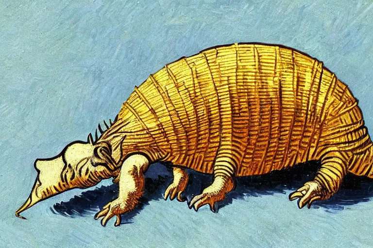 Image similar to an armadillo smoking a joint by vincent van gogh, digital art,