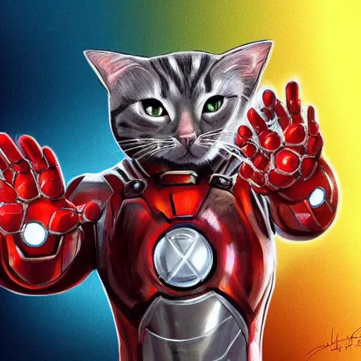 Image similar to cat in an ironman suit, concept art, superhero cat, marvel, MCU, digital painting, artstation