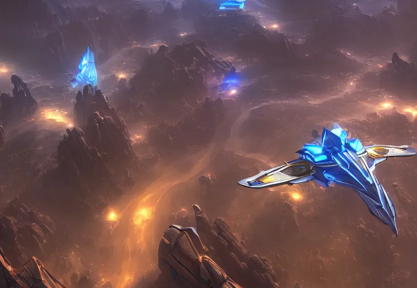 Image similar to protoss spaceship hovering above protoss city beautiful art uhd 4 k, artstation, hdr, 4 k, incredible detail, cinematic lighting, unreal engine 5