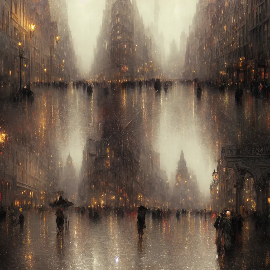 Image similar to a beautifull intricate city, wet sidewalk, people, reflections, raindrops, high details, art by william turner, by greg rutkowski and by alphonse mucha, trending on artstation, extremely detailed, masterpiece