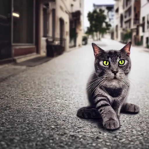 Image similar to robot cat in a street the cat's eye is red and the weather is sunny photo realistic 4 k