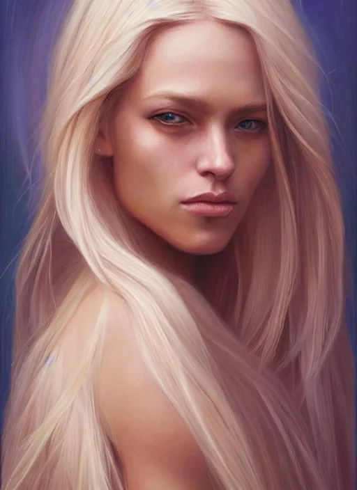 Image similar to a painting of a woman with long blonde hair, a photorealistic painting by magali villeneuve, featured on cgsociety, fantasy art, detailed painting, photorealistic