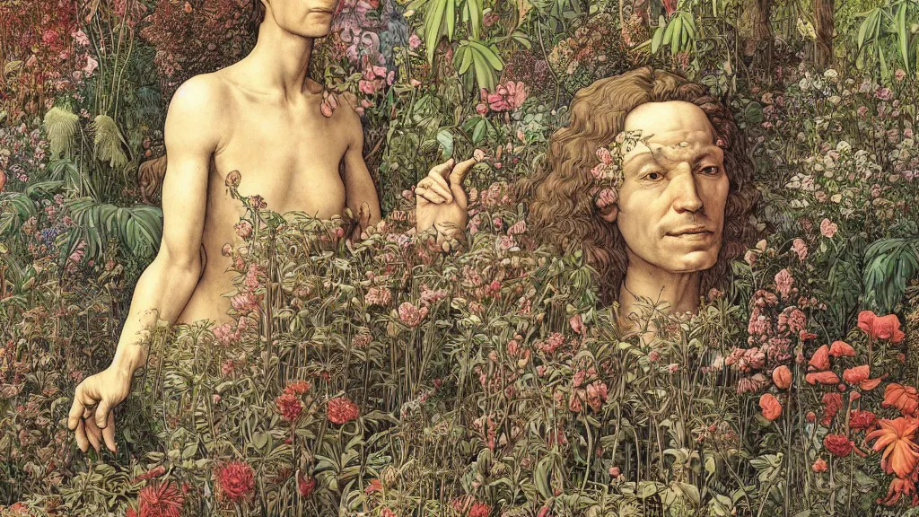 Prompt: highly detailed illustration of a human surrounded by all the known species of plants and flowers by juan gatti!, by moebius!, by leonardo da vinci, by oliver vernon!