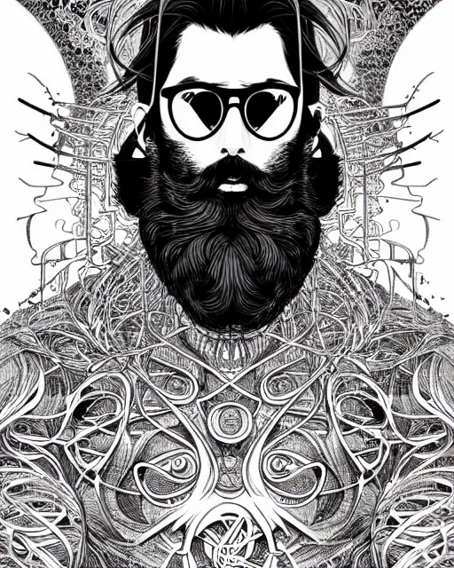 Image similar to hyper detailed illustration of a man with dark beard raving in a festival, intricate linework, lighting poster by moebius, ayami kojima, 9 0's anime, retro fantasy