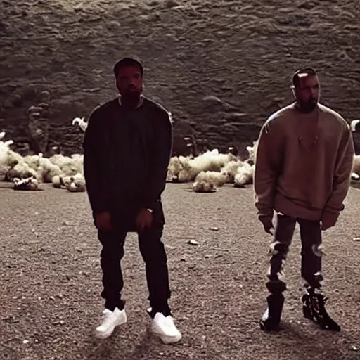Prompt: bad quality picture of a leaked Kanye West and Kendrick Lamar music video