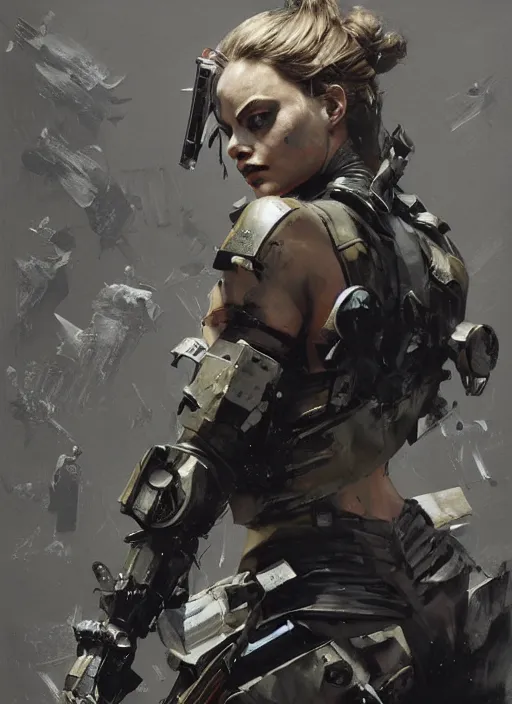 Image similar to Margot Robbie wearing metal gear armor holding rifle dramatic lighting art by Yoji Shinkawa by Richard Schmid by greg rutkowski by Sandra Chevrier by Jeremy Lipking cinematic dramatic