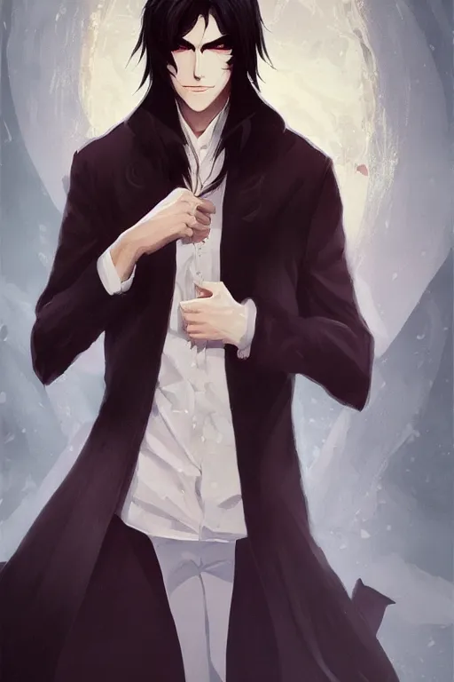 Prompt: beautiful painting of a smug smiling male vampire by kuvshinov Ilya, handsome face, dark coat, white hair, golden eyes, , trending on artstation, pixiv, 4k, HDR, unreal engine