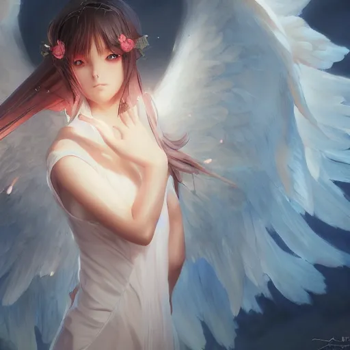 Image similar to an oil painting of a beautiful anime girl with angel wings, by artgerm, wlop and greg rutkowski, hd, hdr, ue 5, ue 6, unreal engine 5, cinematic 4 k wallpaper, 8 k, ultra detailed, high resolution, artstation, award winning