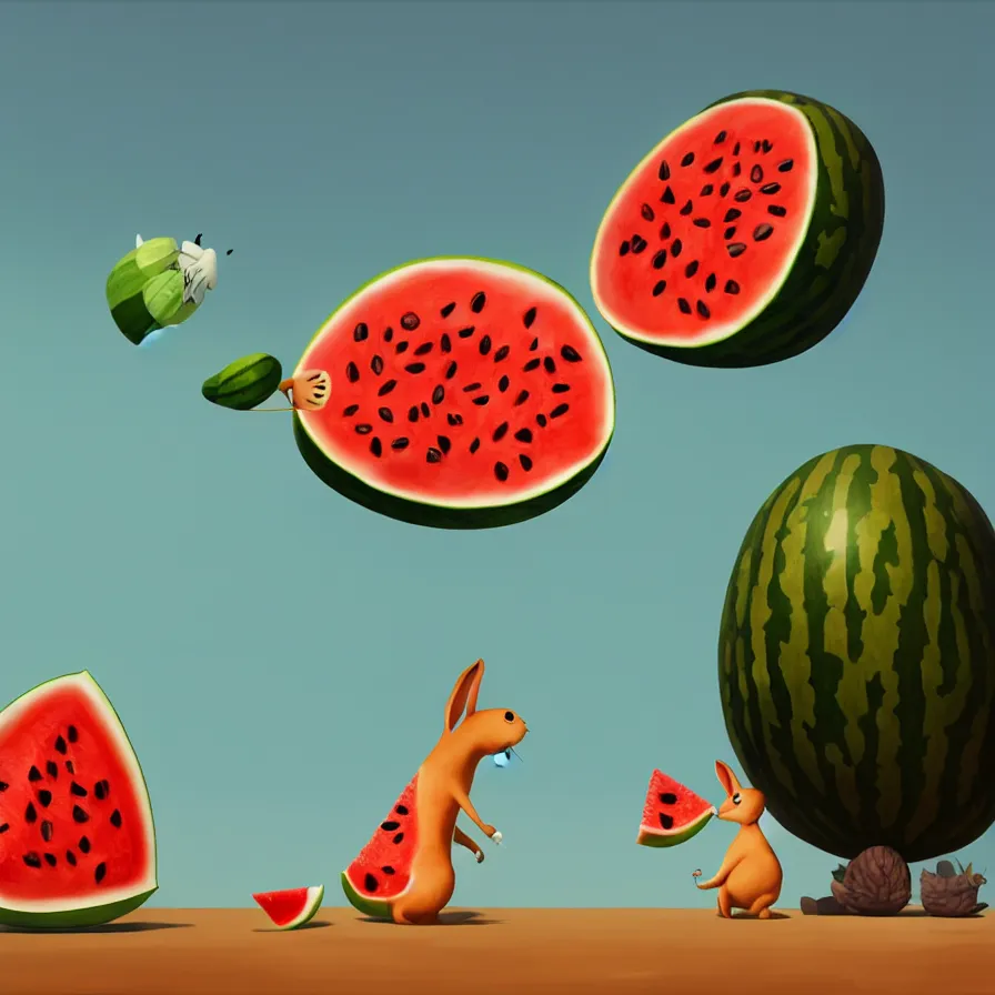 Image similar to Goro Fujita illustrating a rabbit eating a giant watermelon, art by Goro Fujita, sharp focus, highly detailed, ArtStation