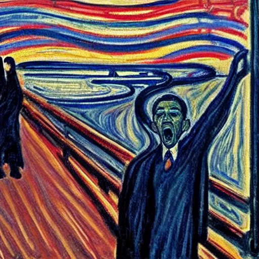 Image similar to obama and harry potter together shouting in unison on the scream edvard munch's painting, style of monet, museum masterpiece, worth a lot, sothebys