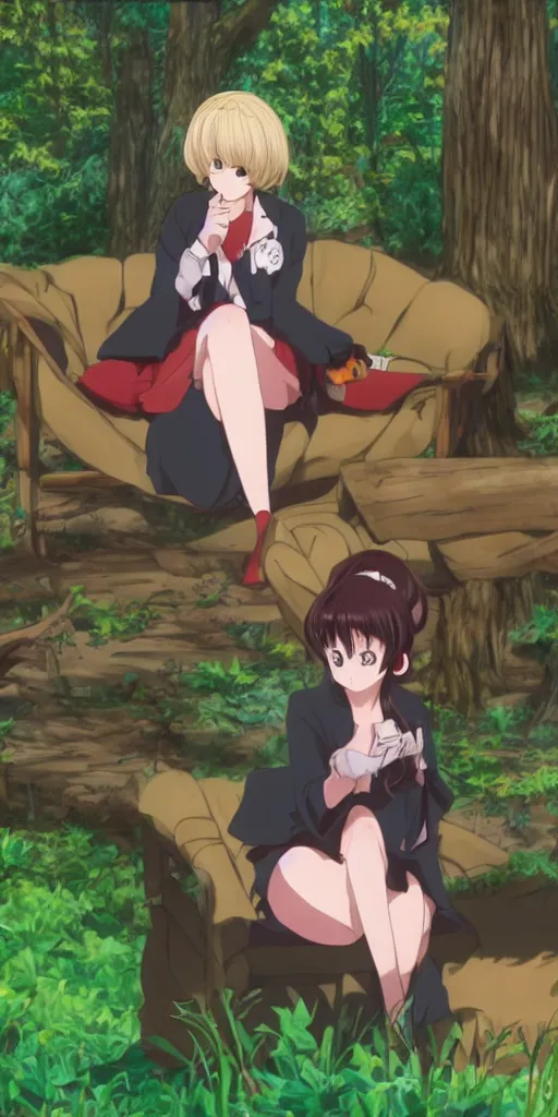 Image similar to a queen of love sitting by herself on a sofa in a forest, drawn by CloverWorks,