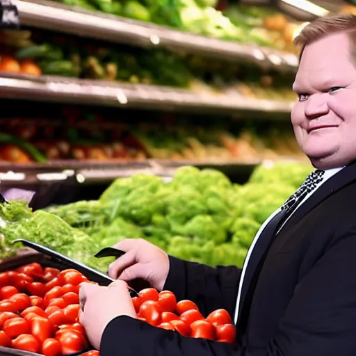 Prompt: Andy Richter wearing a black suit and necktie squeezing tomatoes in the produce section of a supermarket